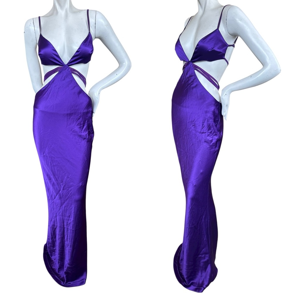 Retrofete Selma Slinky Satin Purple Cutout Low Cut Maxi Gown Size Small